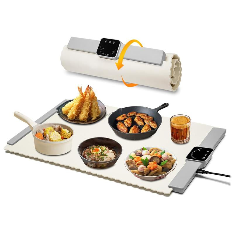 Food Warmer Mat, BRAVESTONE Electric Portable Silicone Warming Plate, Roll up Heating Tray for Food, 5 Heat Levels, 24X15.7, White