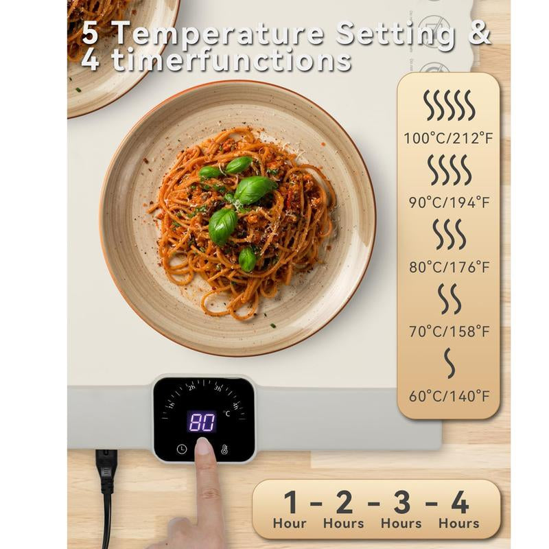 Food Warmer Mat, BRAVESTONE Electric Portable Silicone Warming Plate, Roll up Heating Tray for Food, 5 Heat Levels, 24X15.7, White