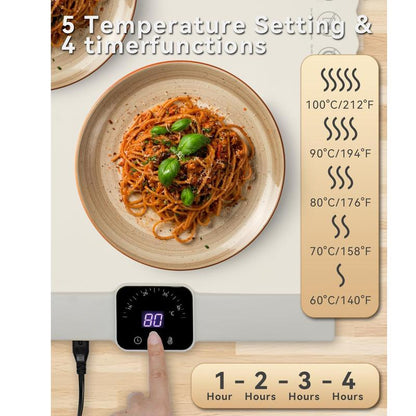 Food Warmer Mat, BRAVESTONE Electric Portable Silicone Warming Plate, Roll up Heating Tray for Food, 5 Heat Levels, 24X15.7, White